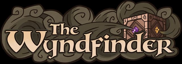 The Wyndfinder: Ornate serif lettering with bold outline, framed by swirling cloud motif.