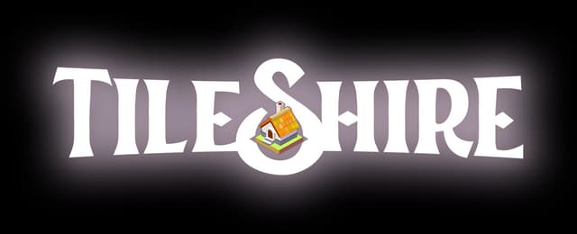 TileShire: Serif title with subtle bevel, oversized S framing a tiny isometric house icon.