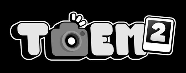 TOEM 2: Chunky rounded letters with bold outline; camera-shaped O and tilted 2 badge.