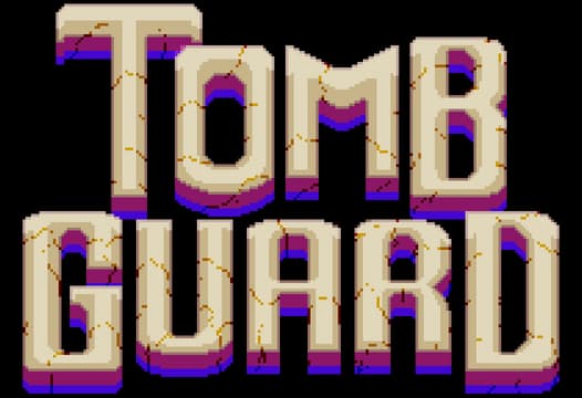 Tomb Guard: Chunky pixel serif letters with stone cracks and purple shadowed depth.