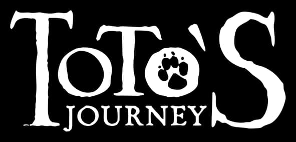 Toto’s Journey: Distressed serif wordmark, oversized S, paw-print “O” icon.