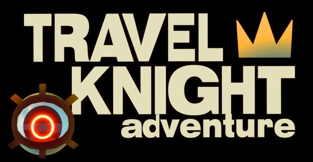 Travel Knight Adventure: Bold block letters, dark outline, crown accent and gear emblem.