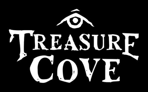 Treasure Cove: distressed serif lettering with arched title and eerie eye icon above.