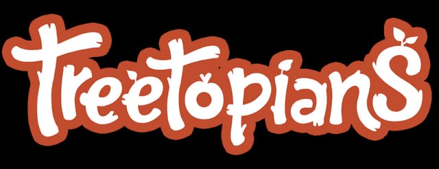 Treetopians: Rounded hand-drawn white lettering with thick orange outline and leaf accents.
