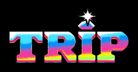 TRIP: Chunky 3D block letters with rainbow gradient, pixel dithering, star accent.