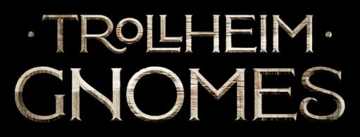 TROLLHEIM: Metallic serif letters with beveled 3D shine and centered dot accents.