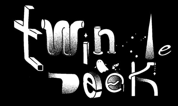 Twinkle Seek: Curvy serif letters with grainy shading and scattered star specks.