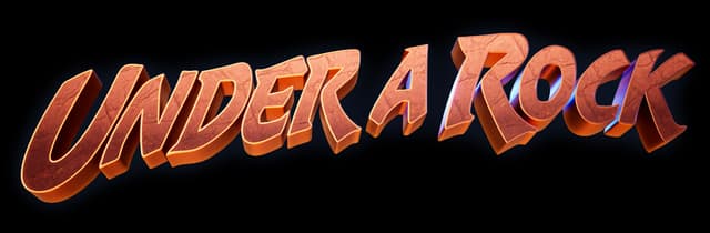 Under a Rock: Bold chiseled stone letters with 3D depth and blue outline glow.