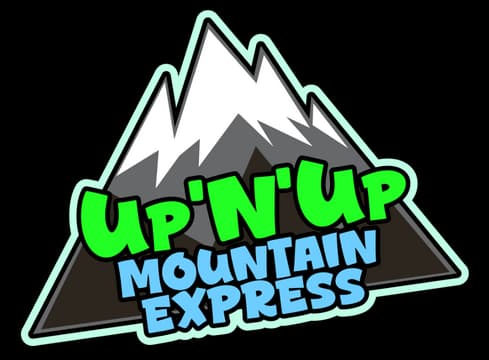 Up'N'Up: Bold rounded letters on slant, thick outline, layered over mountain icon.