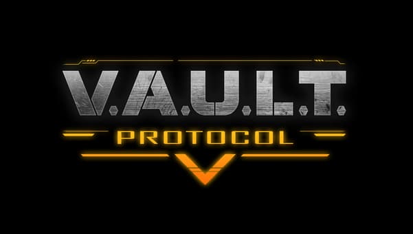 V.A.U.L.T. PROTOCOL: Metallic distressed block letters, golden neon lines, V chevron glow.