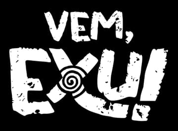 Vem, Exu: Bold hand-drawn lettering with thick outline, spiral eye in Exu, swoosh underline.