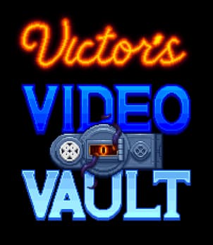 Victor’s Video Vault: neon cursive over pixelated blue text with VHS-camera icon.