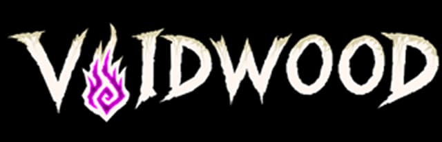 Voidwood: Jagged gothic serif wordmark with a magenta flame sigil in the V.