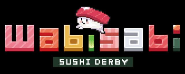 Wabisabi SushiDerby: Pixel-art block letters with sushi runner icon and bold banner text.