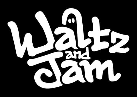 Waltz and Jam: Bold hand-drawn script with ghost face above, thick swooshes.