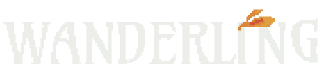 Wanderling: Pixelated white font with a small orange leaf accent above letters.