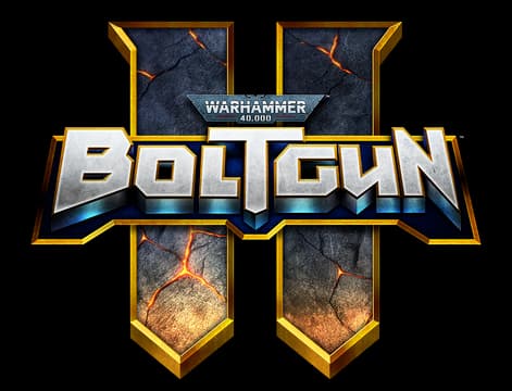 Warhammer 40,000: beveled steel wordmark over cracked gold-trimmed Roman numeral II.