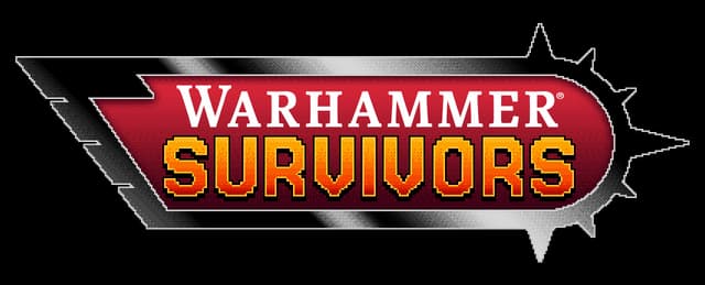 Warhammer Survivors: Metallic beveled banner with bold serif title and pixel font subtext.
