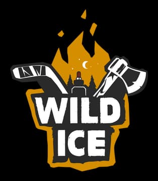 Wild Ice: Bold distressed block letters on a rugged crest with hockey gear accents.