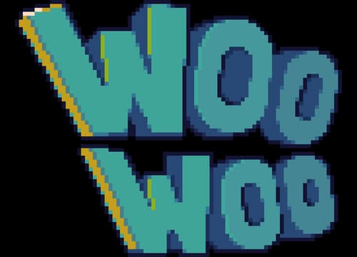 Woo Woo: chunky pixel letters with teal fill, dark shadow, and tilted 3D depth.