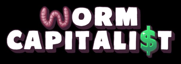 Worm Capitalist: Chunky white letters with dark outline; worm W and green $ S.