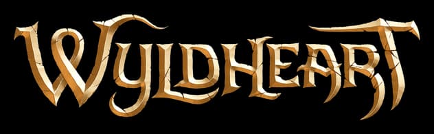 Wyldheart: Ornate medieval serif lettering with beveled gold metal shine and glow.