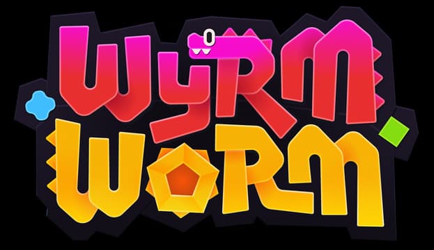 WyrmWorm: Chunky cartoon letters with red-yellow gradient, thick outline, 3D gem O.