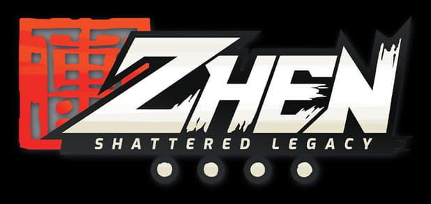ZHEN: Bold italic brushstroke letters with black outline and red seal emblem.