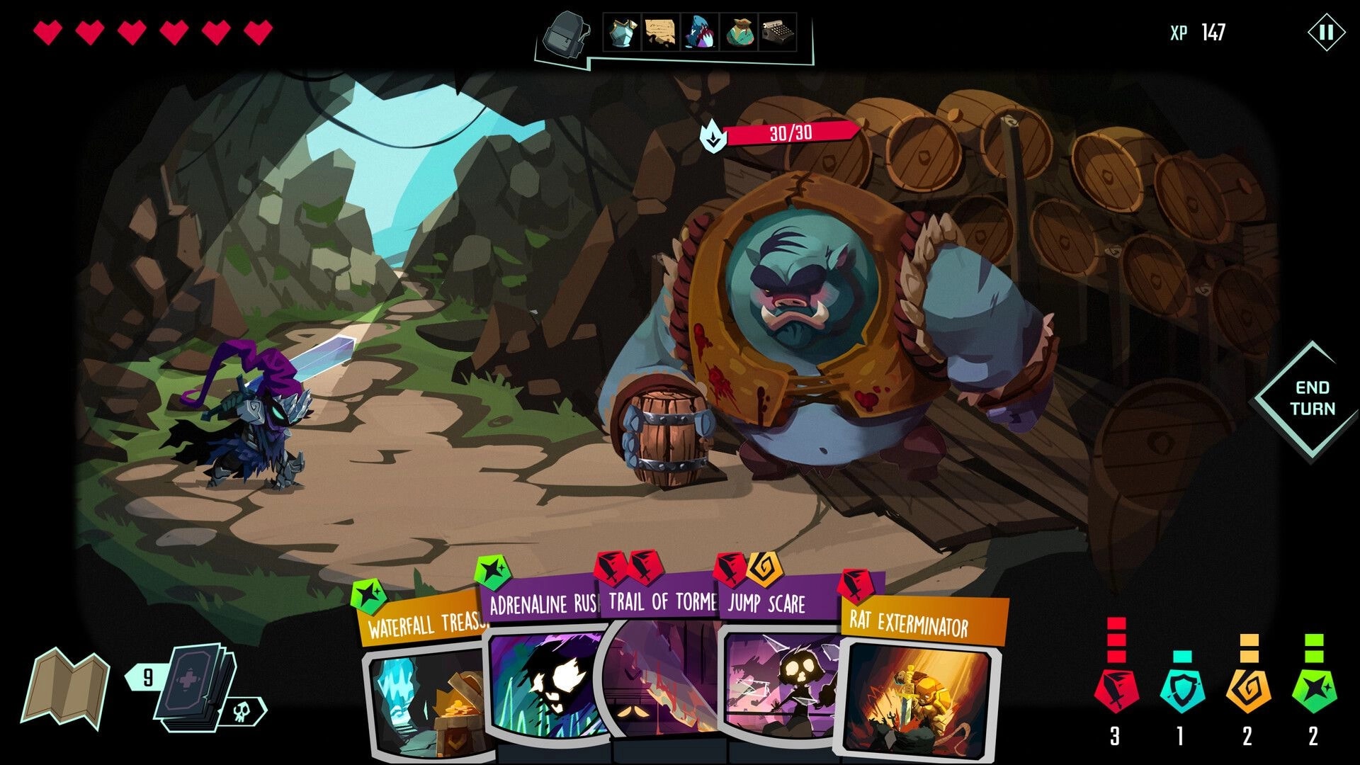 Five More Minutes: Knight battles a large foe in a cave with cards displayed below for strategic play