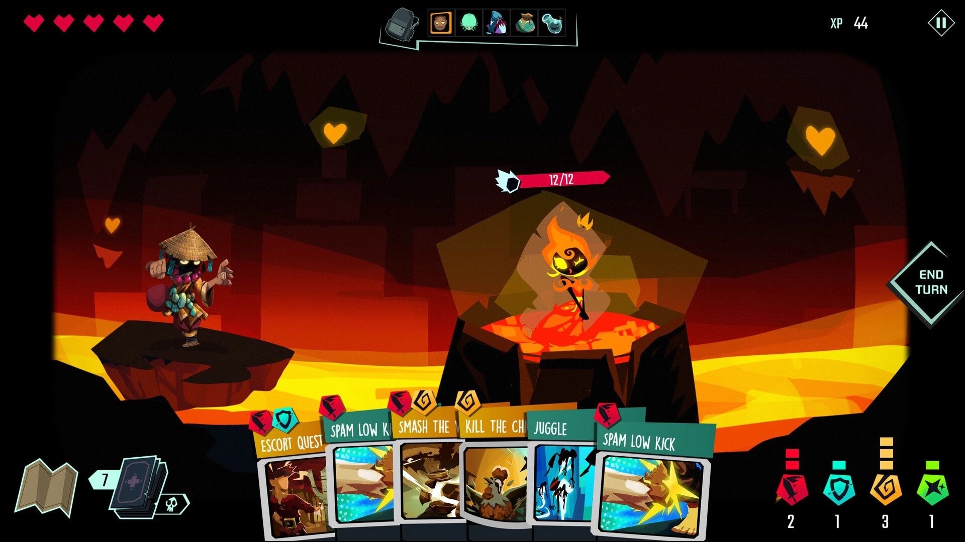 Five More Minutes: Battle scene with a straw-hatted character facing a fiery creature in a lava cave.