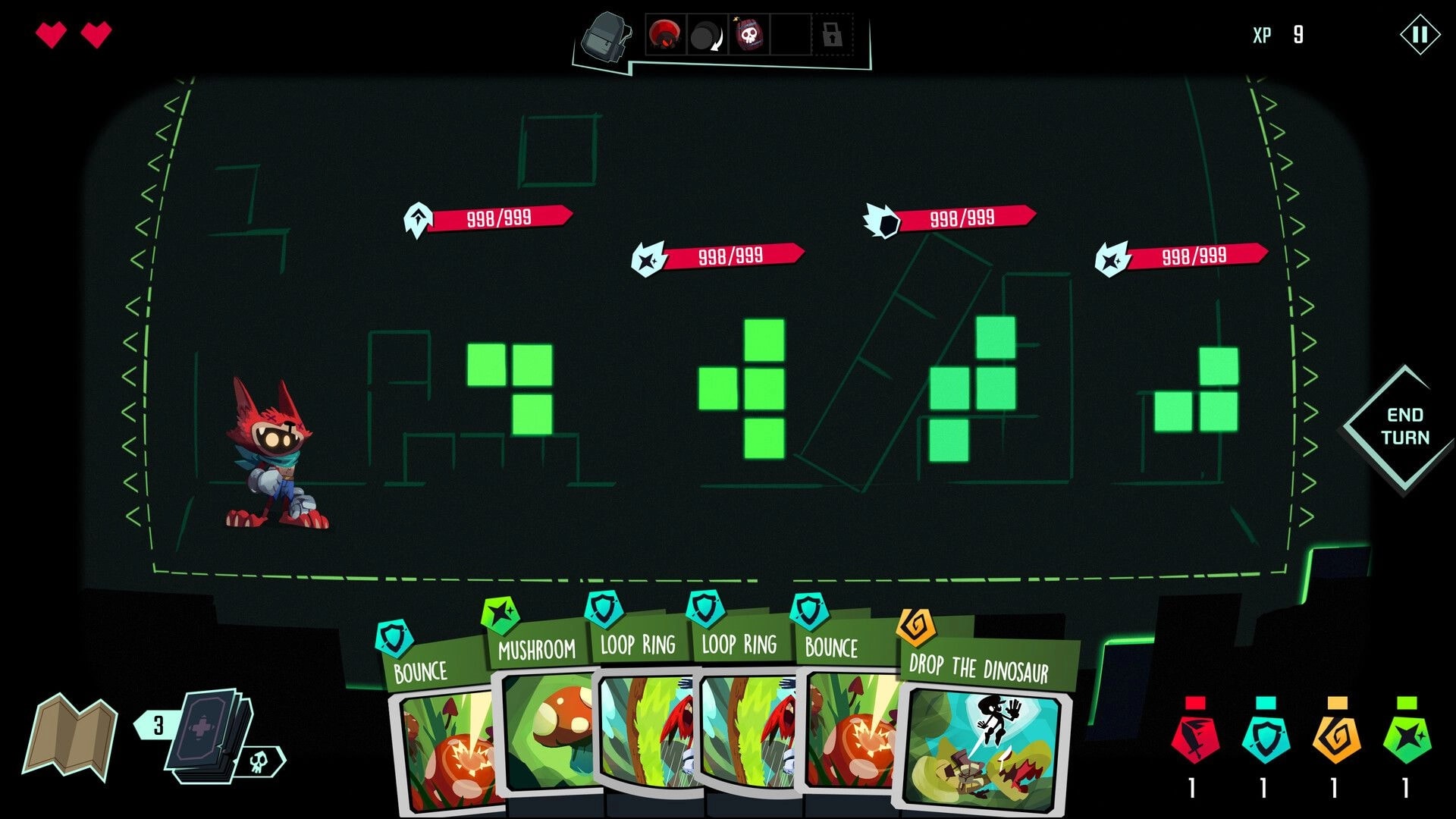 Five More Minutes: Character faces enemies in a digital grid environment with cards displayed below.