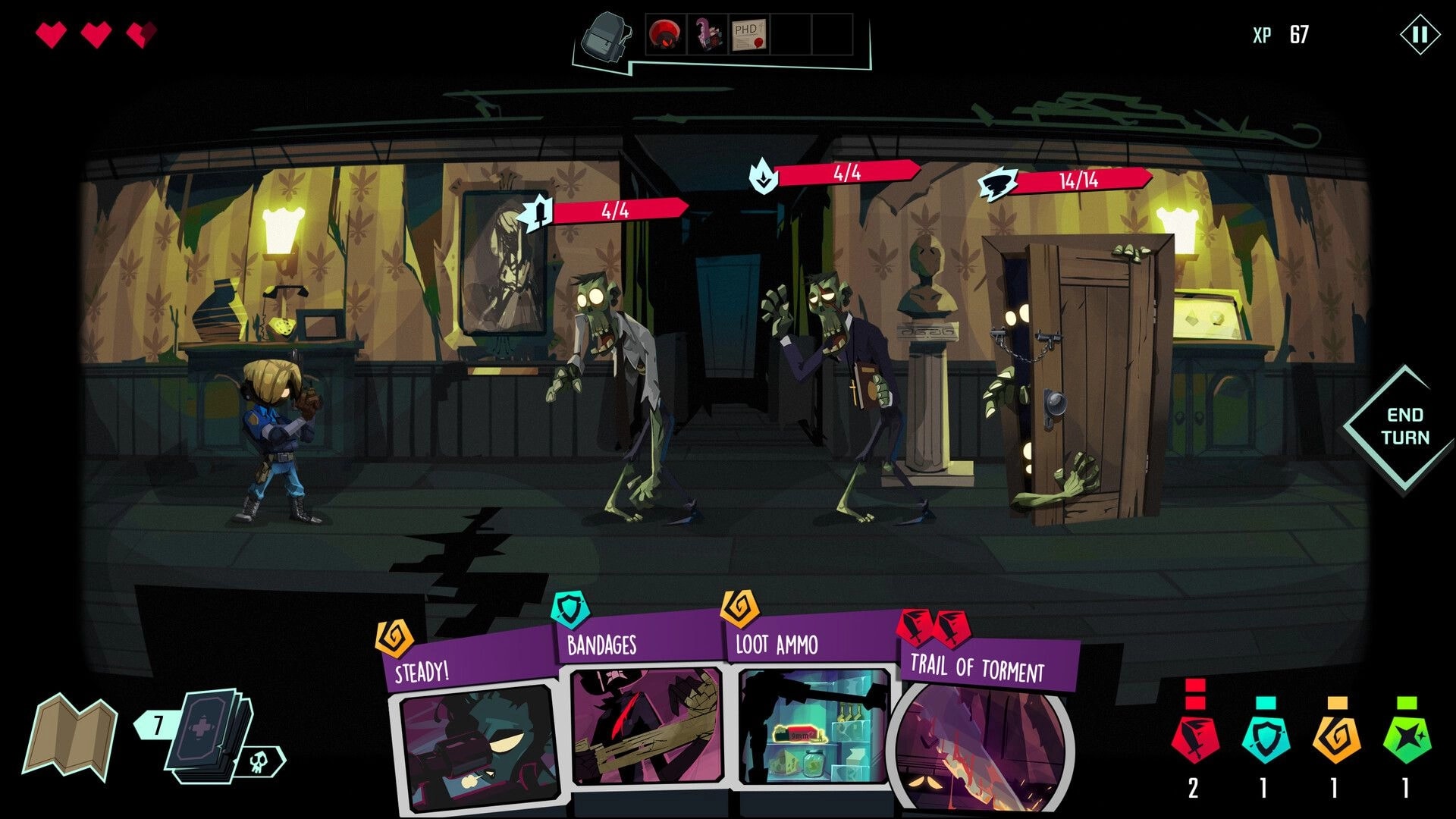 Five More Minutes: Player character confronts zombies in a dilapidated hallway with card selections visible