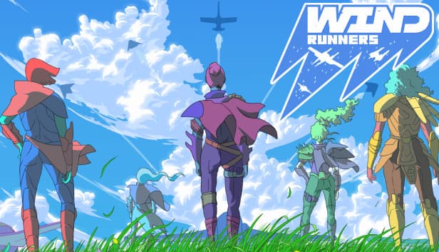 Five figures with colorful armor stand on grassy hill, gazing at planes in a bright, cloudy sky.