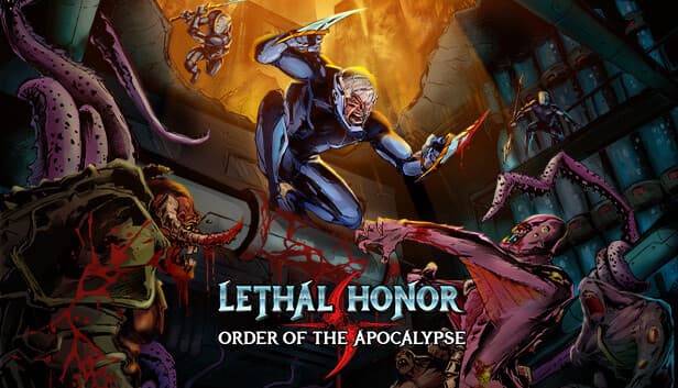 A ninja with twin blades fights monstrous tentacled creatures in a dark, confined, and chaotic space.