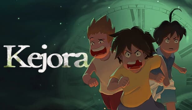 Three young boys run energetically against a backdrop featuring a large, ominous clock in soft teal.