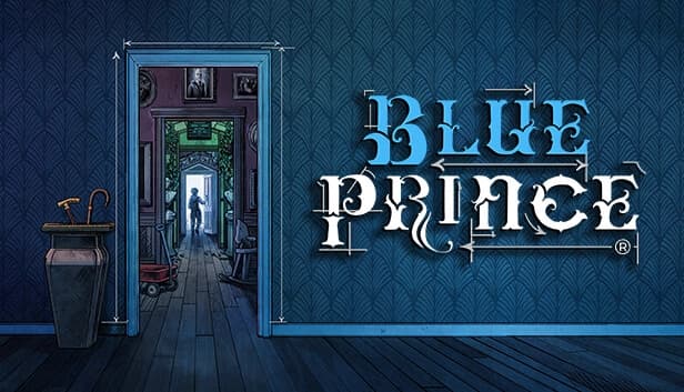 A stylish room with patterned blue walls, a single door leading to another room, and a male figure standing.
