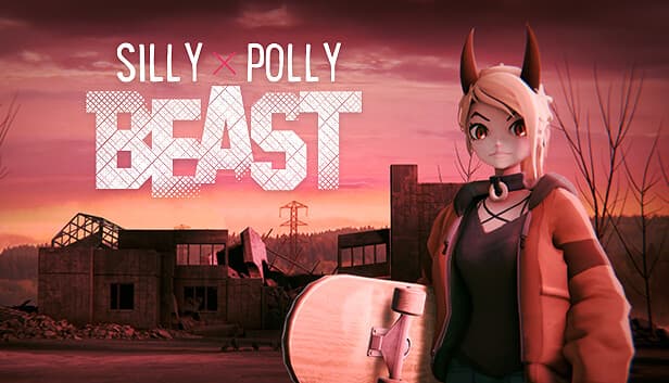 Silly Polly Beast: Young girl with red horns and jacket holds skateboard by a ruined building under a vibrant pink sky.
