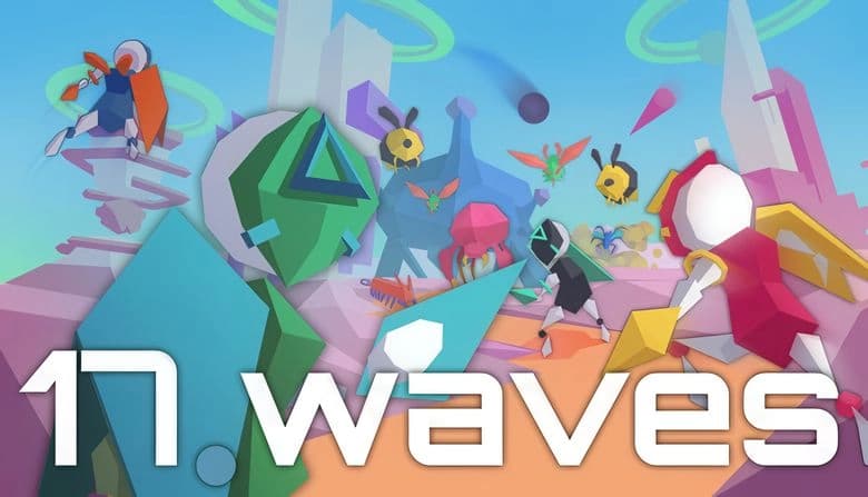 17.waves TD: Colorful robot figures battle alien creatures in vibrant, geometric landscape with floating rings above.