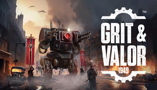 A large, armed robot towers over a dim war-torn street as soldiers stand by, city in ruins around them.