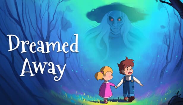 A ghostly witch with glowing eyes watches a young girl and boy holding hands in a dark forest.