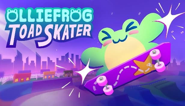 A cartoon frog with a joyful expression rides a purple skateboard, performing tricks in a vibrant cityscape.
