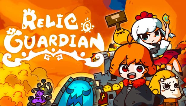 Two cartoon girls holding weapons stand amid colorful characters and vibrant, fiery background.