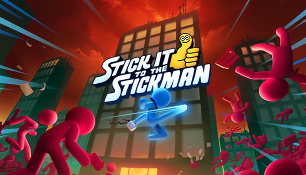 Stick It to the Stickman: Blue stick figure with coffee doing a flying kick amid red figures against city buildings.