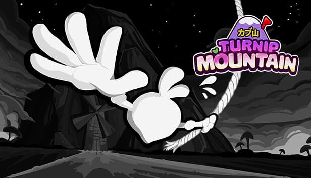 A cartoon turnip character swings on a rope in a grayscale landscape featuring a windmill and mountains.