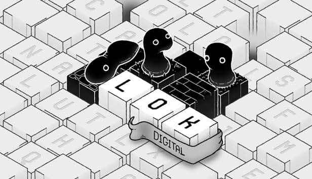LOK Digital: Black creatures peer from block towers on a grid of raised lettered tiles forming the word LOK amidst the scene.