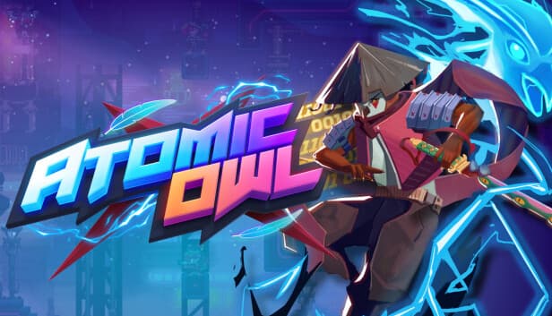 A man with a conical hat holds a glowing sword, standing in front of a neon blue owl silhouette.