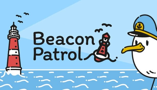 Cartoon seagull in a captain’s hat looks at a red and white lighthouse by the calm ocean waters.