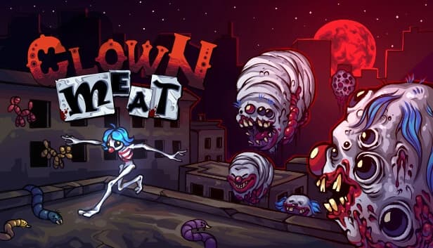 A nimble clown with blue hair flees eerie, floating creatures and worms on a dark, urban rooftop.