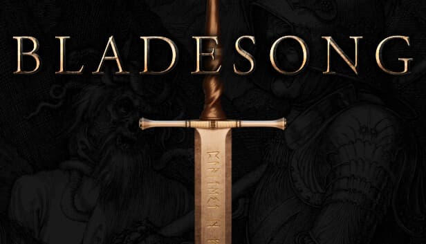 Bladesong: A golden sword with runic inscriptions stands against a dark, intricate backdrop of medieval figures and armor.