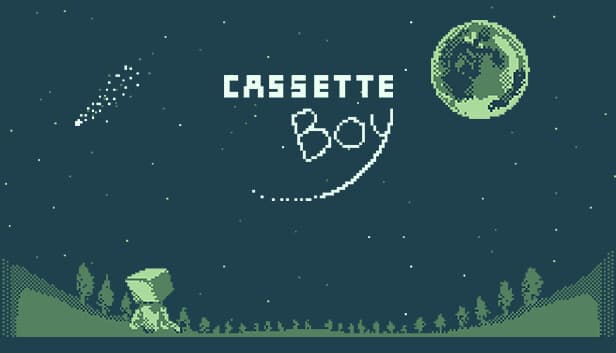 CASSETTE BOY: Pixel robot gazes at green moon in starry sky; trees and pixel asteroid in landscape complete the scene.
